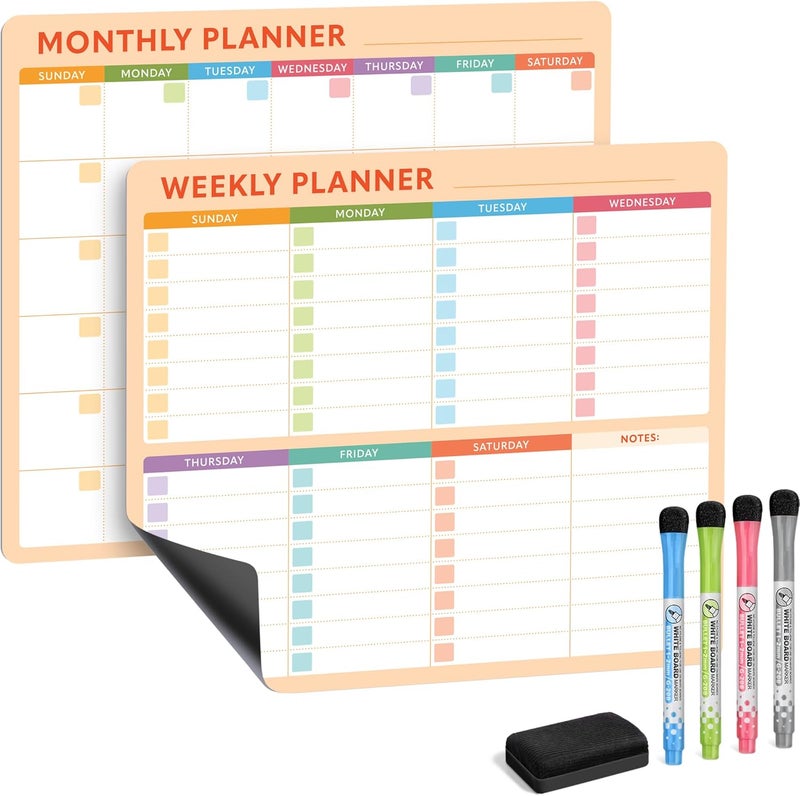 Beech & Lambert Magnetic Whiteboard Calendar for Fridge – 2-Pack Monthly & Weekly Planners (14”x12”) – Dry Erase Boards with Notes Section, Shaded Dates – Includes 4 Markers & Magnetic Eraser - Image 1